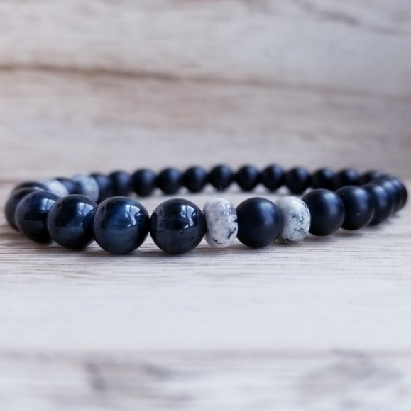 SOLD OUT Blue Tiger Eye & Onyx Gemstone Bracelet - Picture 2 of 8